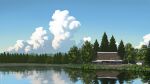  cloud cloudy_sky commentary_request day flower forest grass highres hill house lake landscape nature no_humans original reflection reflective_water rural scenery signature sky summer tateyuki tree white_flower 