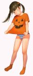  1girl absurdres bangs black_hair blush brown_hair commentary_request eyebrows_visible_through_hair full_body green_eyes highres jack-o&#039;-lantern_print jishimaru long_hair looking_at_viewer no_pants one_eye_closed orange_legwear orange_shirt original panties parted_lips shirt simple_background smile solo standing striped striped_panties twintails underwear white_background 