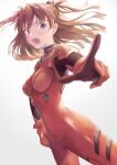  1girl bangs blue_eyes blurry blurry_foreground blush bodysuit breasts brown_hair eyebrows_visible_through_hair fujie-yz grey_background hand_on_hip highres index_finger_raised interface_headset long_hair looking_at_viewer neon_genesis_evangelion open_mouth plugsuit red_bodysuit simple_background small_breasts solo souryuu_asuka_langley two_side_up 