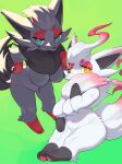  2girls absurdres animal_nose blue_eyes breasts fur_collar furry furry_female green_background half-closed_eyes highres hisuian_zorua kame_(3t) multiple_girls navel no_nipples pokemon pokemon_(creature) simple_background snout tail yellow_eyes zorua 