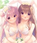  2girls :d animal_ears backlighting bangs bare_shoulders bouquet bra braid breasts brown_eyes brown_hair cleavage closed_mouth collarbone commentary_request double_bun eyebrows_visible_through_hair flower frilled_bra frills hair_between_eyes hair_flower hair_ornament holding holding_bouquet medium_breasts multiple_girls original panties pink_hair rabbit_ears red_eyes rose see-through side-tie_panties small_breasts smile underwear veil white_bra white_flower white_panties white_rose window yukie_(peach_candy) 