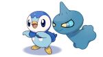  blue_eyes closed_mouth commentary_request no_humans official_art open_mouth piplup pokemon pokemon_(creature) project_pochama shuppet smile standing toes tongue white_background 