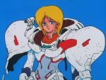  1980s_(style) 1girl armor blonde_hair blue_background blue_eyes closed_mouth cyberpunk damaged dirty dragon&#039;s_heaven earrings happy ikuuru jewelry long_hair looking_at_viewer machinery mecha moebius_(style) official_art pauldrons power_armor power_suit production_art retro_artstyle screencap shoulder_armor simple_background smile upper_body 