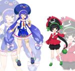  2girls :d absurdres black_eyes black_hair black_shorts blue_eyes blue_footwear blue_hair blue_skirt blue_vest bow braid commentary dress fang gradient_hair green_footwear hair_bow highres holding holding_whistle inuyama_nanami long_hair long_sleeves looking_at_viewer multicolored_hair multiple_girls musical_note necktie one_eye_closed otomachi_una personification ponytail puffy_shorts red_dress red_necktie sailor_collar shoes shorts skin_fang skirt smile socks twin_braids unagi_imo unamo very_long_hair vest vocaloid whistle whistle_around_neck white_bow white_legwear white_sailor_collar wristband zoom_layer 