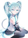  1girl aqua_hair aqua_necktie bangs black_gloves black_legwear black_skirt blue_eyes cat_ear_headphones commentary elbow_gloves foot_out_of_frame from_side gloves hamuna_(hamuna_86) hatsune_miku hatsune_miku_(vocaloid4) headphones highres long_hair looking_at_viewer mechanical_tail necktie shirt simple_background sitting skirt sleeveless sleeveless_shirt slit_pupils solo symbol-only_commentary tail thighhighs twintails v4x v_arms vocaloid wariza white_background white_shirt 