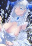  1girl bangs blue_eyes breasts cleavage closed_mouth detached_sleeves dress eyebrows_visible_through_hair fujie-yz gem highres holding horn_ornament horns ice large_breasts long_hair looking_at_viewer original silver_hair simple_background solo upper_body white_dress white_sleeves 