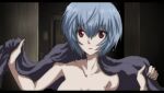  1girl ayanami_rei bangs bare_shoulders black_towel blue_hair breasts cleavage collarbone commentary_request fujitaka_nasu hair_between_eyes highres long_hair looking_at_viewer neon_genesis_evangelion open_mouth red_eyes short_hair solo towel towel_around_neck wet wet_hair 