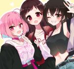  #unit_name_boshuuchuu_(idolmaster) 3girls :d ;d anfuji_uiro black_hair blush brown_hair collarbone dutch_angle grin heart heart-shaped_pupils heart_print highres idolmaster idolmaster_cinderella_girls jacket jacket_partially_removed looking_at_viewer mole mole_under_eye multiple_girls nail_polish one_eye_closed open_clothes open_jacket outline pink_hair sharp_teeth simple_background smile sunazuka_akira symbol-shaped_pupils teeth tsujino_akari upper_body v w yellow_background yumemi_riamu 