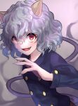  1other :d animal_ears bangs black_jacket cat_ears cat_tail commentary_request fang fingernails grey_hair hair_between_eyes happy highres hunter_x_hunter jacket long_sleeves looking_at_viewer neferpitou open_mouth other_focus red_eyes sharp_fingernails smile solo tail takmi upper_body wavy_hair 