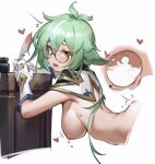  1girl animal_ears bilibili_xiaolu blush breasts brown_eyes cum eyebrows_visible_through_hair genshin_impact glasses gloves green_hair hair_between_eyes hanging_breasts heart highres implied_sex internal_cumshot long_hair medium_breasts nipples round_eyewear short_hair simple_background solo sucrose_(genshin_impact) sweat uterus white_background white_gloves 