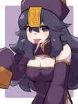  1girl @_@ alternate_costume bangs bare_shoulders black_hair breasts china_dress chinese_clothes cleavage cleavage_cutout clothing_cutout commentary_request detached_sleeves dress grey_eyes hair_between_eyes hat hex_maniac_(pokemon) highres jiangshi long_hair looking_at_viewer mituyota_76 ofuda pokemon pokemon_(game) pokemon_xy purple_dress purple_headwear purple_sleeves qing_guanmao shiny shiny_skin side_slit sleeveless sleeveless_dress sleeves_past_fingers sleeves_past_wrists solo tongue tongue_out upper_body 
