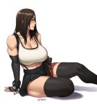  1girl black_hair breasts crop_top final_fantasy final_fantasy_vii final_fantasy_vii_remake gloves highres large_breasts leather_skirt long_hair materia midriff miniskirt mootium muscular muscular_female sitting skirt sleeveless smile sports_bra tank_top thick_thighs thighhighs thighs tifa_lockhart 