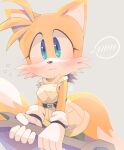  1girl belt belt_buckle blue_eyes blush breasts buckle dress flying_sweatdrops fox_girl furry furry_female genderswap genderswap_(mtf) gloves holding holding_wrench looking_at_viewer misuta710 mixed-language_commentary multiple_tails solo sonic_(series) spoken_blush tail tails_(sonic) two_tails white_gloves wrench 