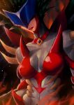  1girl black_wings breasts cleavage collar duel_monster embers evil_hero_inferno_wing green_hair highres looking_at_viewer mask medium_breasts navel red_collar red_lips sangae short_hair solo spiked_hair spikes toned upper_body wings yu-gi-oh! yu-gi-oh!_gx 