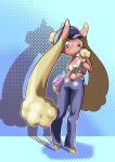  1girl animal_ears animal_nose ass bag bare_shoulders barefoot belt blue_background blue_headwear blue_pants blush body_fur brown_fur cabbie_hat clothed_pokemon commentary crop_top denim drop_shadow frilled_shirt frills from_behind full_body fumirumochigashin furry furry_female hand_to_own_mouth hand_up hat highres holding holding_bag jeans light_blush looking_at_viewer looking_back lopunny midriff off-shoulder_shirt off_shoulder open_mouth outline pants pink_eyes pocket pokemon pokemon_(creature) pom_pom_(clothes) rabbit_ears rabbit_girl rabbit_tail shirt simple_background solo standing tail tail_through_clothes teeth two-tone_fur white_outline white_shirt yellow_fur zipper_pull_tab 