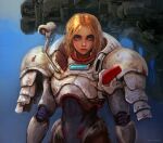  1girl armor blonde_hair blue_eyes cable commentary cyberpunk damaged dirty dragon&#039;s_heaven english_commentary ikuuru kory_cromie lips long_hair looking_at_viewer machinery mecha power_armor power_suit realistic robot science_fiction shaian_(robot) signature soldier upper_body 