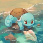  beach closed_mouth commentary conch english_commentary looking_down no_humans pokemon pokemon_(creature) red_eyes rileykitty signature smile solo squirtle water 