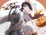  1girl ass beruko14 black_hair black_legwear blood blood_on_clothes candy chainsaw_devil chainsaw_man dress elbow_gloves food garter_straps gloves hair_ornament halloween halloween_costume higashiyama_kobeni highres holiday looking_at_viewer looking_back monster nurse ponytail pumpkin short_dress short_sleeves spilling surprised tears thighhighs 