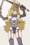  1girl animal_hands bare_shoulders black_gloves black_panties blonde_hair blue_bow blue_bowtie blush bow bow_(bhp) bowtie breasts cleavage closed_mouth commentary_request corset crown dot_mouth drill_hair dual_wielding elbow_gloves garter_belt gloves grey_background grey_legwear head_tilt holding holding_sword holding_weapon long_hair looking_at_viewer original panties paw_gloves red_eyes simple_background small_breasts solo standing sword underwear weapon 