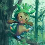  branch chespin commentary day english_commentary fang leg_up looking_down no_humans open_mouth outdoors outstretched_arms pokemon pokemon_(creature) rileykitty signature solo standing standing_on_one_leg tree 