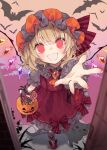  1girl :d adapted_costume animal basket bat blonde_hair buttons candy cat crystal dress flandre_scarlet food foreshortening full_moon halloween halloween_bucket hat highres holding holding_basket long_hair looking_at_viewer mob_cap moon one_side_up open_mouth pointy_ears puffy_short_sleeves puffy_sleeves pumpkin reaching_out red_dress red_eyes red_footwear short_sleeves signature smile solo teeth touhou toutenkou white_legwear wings 