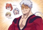  1girl 3boys ^^^ bara blush bodysuit boku_no_hero_academia chips_n_cookies commentary english_commentary fangs grey_hair kendou_itsuka large_pectorals male_focus mature_male monoma_neito multiple_boys muscular muscular_male no_scar pectoral_cleavage pectorals red_bodysuit short_hair solo_focus tetsutetsu_tetsutetsu upper_body vlad_king_(boku_no_hero_academia) 