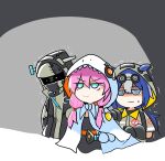  1other 2girls @_@ alternate_costume ambiguous_gender arknights bangs blue_eyes blue_hair blue_poison_(arknights) blush cloak closed_mouth doctor_(arknights) ears_through_headwear eyebrows_visible_through_hair glaucus_(arknights) glaucus_(exterminator_in_the_square)_(arknights) gloves halloween hand_on_another&#039;s_shoulder highres hood hood_up hooded_cloak jacket low_ponytail low_twintails multicolored_hair multiple_girls official_alternate_costume omo_(h98013114) pink_hair short_sleeves streaked_hair sweatdrop symbol-only_commentary tears trembling turn_pale twintails wavy_mouth 