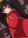  1girl arms_behind_back ashley_(warioware) bangs black_hair breasts bright_pupils closed_mouth commentary_request dot_mouth dress dutch_angle expressionless from_below hairband long_hair looking_at_viewer neckerchief norio_(pheromosa_times) partial_commentary red_dress red_eyes shiny shiny_clothes shiny_hair sidelocks small_breasts solo tied_hair twintails warioware white_pupils yellow_hairband yellow_neckerchief 