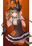  1girl animal_ear_fluff animal_ears bangs brown_eyes commentary cowboy_shot degu_(kemono_friends) dress ears_through_headwear frilled_dress frills hair_between_eyes halloween_costume hat hat_ribbon highres kemono_friends looking_at_viewer orange_background orange_ribbon puffy_short_sleeves puffy_sleeves ribbon short_hair short_sleeves simple_background solo striped striped_legwear tail tanabe_(fueisei) tearing_up thighhighs wavy_mouth wrist_cuffs 