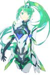  1girl armor bangs blush bodysuit breasts closed_mouth clothes_writing earrings eyebrows_visible_through_hair faulds fujie-yz gem hairband highres jewelry large_breasts long_hair pneuma_(xenoblade) ponytail shoulder_armor sidelocks simple_background skin_tight smile solo spoilers standing swept_bangs thigh_gap tiara white_background xenoblade_chronicles_(series) xenoblade_chronicles_2 