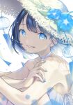  1girl bangs black_hair blue_eyes blue_flower blue_hair blue_nails choker flower fujie-yz gradient_hair hat hat_flower highres looking_at_viewer multicolored_hair original parted_lips short_hair simple_background sitting solo straw_hat upper_body white_background white_choker wind_chime 