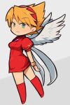  1girl angel_wings blonde_hair blue_eyes boots breasts breath_of_fire breath_of_fire_iii chibi closed_mouth commentary_request dress full_body hairband ibara. looking_at_viewer nina_(breath_of_fire_iii) short_hair simple_background smile solo standing white_wings wings 