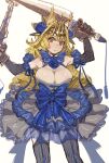  1girl animal_hands bare_shoulders black_gloves black_panties blonde_hair blue_bow blue_bowtie blue_dress blue_flower blue_rose blush bow bow_(bhp) bowtie breasts cleavage closed_mouth corset crown dot_mouth dress drill_hair dual_wielding elbow_gloves flower garter_straps gloves grey_legwear head_tilt holding holding_sword holding_weapon large_breasts long_hair looking_at_viewer original panties paw_gloves red_eyes rose simple_background solo standing sword underwear weapon white_background 