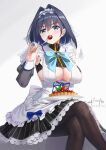  1girl alternate_costume apron bangs black_legwear blue_eyes blue_hair blueberry breasts cherry cleavage_cutout clothing_cutout corset crossed_legs detached_sleeves eating enmaided eyebrows_visible_through_hair food fork frills fruit fruit_tart hair_intakes highres holding holding_fork hololive hololive_english large_breasts maid maid_apron maid_headdress on_lap ouro_kronii pantyhose plate short_hair simple_background sitting skyrail solo strawberry tart_(food) veil virtual_youtuber white_background 