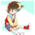  1boy 2y_(tsuyu) amami_mamoru between_legs brown_hair green_eyes hair_behind_ear hand_between_legs looking_to_the_side male_focus red_footwear shirt sitting smile solo yellow_shirt yuusha_ou_gaogaigar yuusha_series 