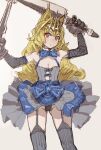  1girl animal_hands bare_shoulders black_gloves black_panties blonde_hair blue_bow blue_bowtie blue_dress blush bow bow_(bhp) bowtie breasts cleavage closed_mouth commentary_request corset crown dot_mouth dress drill_hair dual_wielding elbow_gloves garter_straps gloves grey_background grey_legwear head_tilt holding holding_sword holding_weapon long_hair looking_at_viewer original panties paw_gloves red_eyes simple_background small_breasts solo standing sword underwear weapon 