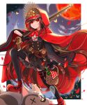  1girl antique_firearm arquebus belt belt_buckle border bottle brown_hair buckle bug butterfly corked_bottle expressionless fate/grand_order fate_(series) gun hi_(wshw5728) highres jack-o&#039;-lantern long_hair looking_at_viewer moon night oda_nobunaga_(fate) oda_nobunaga_(koha/ace) oda_uri outside_border over_shoulder petals picnic_basket red_eyes red_footwear red_moon solo thighhighs thighs very_long_hair weapon weapon_over_shoulder white_border wine_bottle 