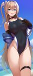  1girl :d ass_visible_through_thighs bare_shoulders black_choker black_gloves black_swimsuit blonde_hair blue_eyes blue_sky breasts choker collarbone competition_swimsuit cowboy_shot day elbow_gloves fang gloves groin hair_ornament hand_on_breast highleg highleg_swimsuit highres jacket large_breasts long_hair long_sleeves looking_at_viewer mole mole_on_thigh off_shoulder one-piece_swimsuit one_side_up open_clothes open_jacket original outdoors skindentation sky smile solo sukebewe swimsuit thigh_gap thigh_strap thighs very_long_hair white_jacket 