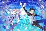  1boy 1girl ^_^ bangs black_hair blunt_bangs closed_eyes dress emilia_(re:zero) frilled_dress frilled_sleeves frills hair_ornament hair_slicked_back highres long_hair midair natsuki_subaru petals pointing pointing_up purple_eyes rainbow re:zero_kara_hajimeru_isekai_seikatsu ribbon short_hair silver_hair sky track_suit x_hair_ornament yuzouni 