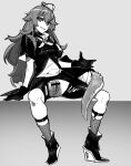  1girl arknights bangs bar_censor censored crocodilian_tail eyebrows_visible_through_hair full_body gavial_(arknights) gloves greyscale hair_between_eyes highres long_hair looking_at_viewer mirin_chikuwa monochrome pointy_ears pussy shoes shorts sitting smile solo spread_legs tail torn_clothes torn_legwear torn_shorts 