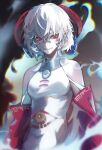  1girl bare_shoulders blue_fire detached_sleeves dress fire horn_ornament horn_ribbon horns messy_hair patterned_clothing pointy_ears red_eyes red_horns red_sleeves ribbon sheep_horns short_hair smile solo tokinhr touhou touhou_gouyoku_ibun toutetsu_yuuma white_hair 