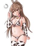  1girl :o alpha_cas animal_print bangs bell bikini bow bowtie breasts brown_eyes brown_hair buffering choker cleavage collarbone cow_print cowboy_shot elbow_gloves english_commentary eyebrows_visible_through_hair gloves groin hair_ornament hairclip highres hololive hololive_english index_finger_raised long_hair medium_breasts nanashi_mumei navel neck_bell open_mouth ponytail pun red_choker side-tie_bikini simple_background swimsuit thighhighs very_long_hair virtual_youtuber white_background 