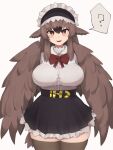  1girl ? animal_ears bangs belt bird_ears black_legwear black_skirt black_souls blush bow breasts bright_pupils brown_eyes brown_feathers brown_hair brown_wings commentary_request dodo_(black_souls) eyebrows_visible_through_hair feathered_wings feathers frilled_skirt frills hair_between_eyes harpy highres large_breasts long_hair looking_at_viewer maid_headdress monster_girl open_mouth red_bow shirt sidelocks simple_background skirt smile solo spoken_question_mark sweatdrop thighhighs white_background white_shirt winged_arms wings yonaga 