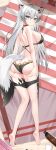  1girl :q absurdres animal_ear_fluff animal_ears arknights ass ass_grab back bangs bare_arms bare_shoulders barefoot beach_towel black_shorts box breasts closed_mouth clothes_pull commentary_request commission cutoffs dakimakura_(medium) day eyebrows_visible_through_hair from_above full_body grabbing_own_ass green_eyes hair_between_eyes highres lappland_(arknights) large_breasts long_hair looking_at_viewer looking_back looking_up lotion_bottle lying neko_lu_(wofud453) o-ring o-ring_bikini on_stomach oripathy_lesion_(arknights) outdoors scar scar_across_eye short_shorts shorts shorts_pull sideboob silver_hair smile soles solo tail tongue tongue_out towel very_long_hair wolf_ears wolf_girl wolf_tail 