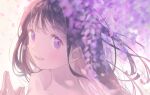  1girl bangs black_hair blush eyebrows_visible_through_hair flower fujie-yz highres index_fingers_together lips long_hair looking_at_viewer original parted_lips petals pink_flower purple_eyes purple_flower simple_background solo wisteria 