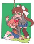  2girls bangs blazer blue_skirt border bound bow brown_hair brown_legwear closed_eyes collared_shirt commentary doki_doki_literature_club full_body green_background green_eyes grey_jacket hair_bow high_ponytail jacket long_sleeves monika_(doki_doki_literature_club) multiple_girls murder neck_ribbon nervous noose on_ground open_mouth orange_hair orange_vest outside_border pleated_skirt red_bow red_neckwear red_ribbon ribbon rope sayori_(doki_doki_literature_club) school_uniform shirt shoes short_hair sitting skirt socks spoilers sweat sweater_vest thighhighs tied_up_(nonsexual) trapped tsubobot uwabaki vest white_border white_bow white_footwear white_legwear white_shirt 