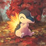  autumn autumn_leaves closed_eyes commentary cyndaquil day ecruteak_city english_commentary fire full_body hands_up no_humans open_mouth outdoors pokemon pokemon_(creature) rileykitty signature sitting smile solo 