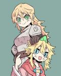  2girls absurdres armor blonde_hair blue_eyes eyebrows_visible_through_hair female_knight_(guardian_tales) gloves green_background green_eyes guardian_tales highres little_princess_(guardian_tales) long_hair looking_at_viewer multiple_girls pota short_hair smile tiara 