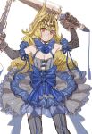  1girl animal_hands bare_shoulders black_gloves black_panties blonde_hair blue_bow blue_bowtie blue_dress blue_flower blue_rose blush bow bow_(bhp) bowtie breasts cleavage closed_mouth corset crown dot_mouth dress drill_hair dual_wielding elbow_gloves flower garter_straps gloves grey_legwear head_tilt holding holding_sword holding_weapon long_hair looking_at_viewer original panties paw_gloves red_eyes rose simple_background small_breasts solo standing sword underwear weapon white_background 