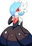  1girl alternate_color bangs bare_shoulders black_dress black_gloves blue_hair blush bob_cut closed_mouth colored_skin commentary_request dress elbow_gloves flat_chest gardevoir gloves hair_over_one_eye hand_up happy highres jpeg_artifacts looking_at_viewer mega_gardevoir mega_pokemon omochi_(nyavole) pokemon pokemon_(creature) red_eyes shiny shiny_clothes shiny_hair shiny_pokemon short_hair simple_background smile solo standing strapless strapless_dress white_background white_skin 
